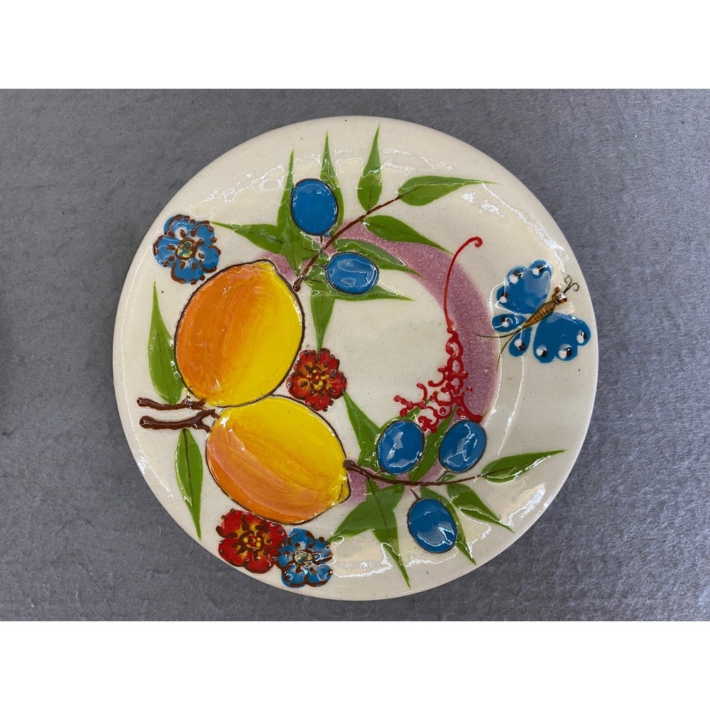 Hand Painted Ceramic Trinket Dish Set Lemons Floral Butterfly Mediterranean 5"